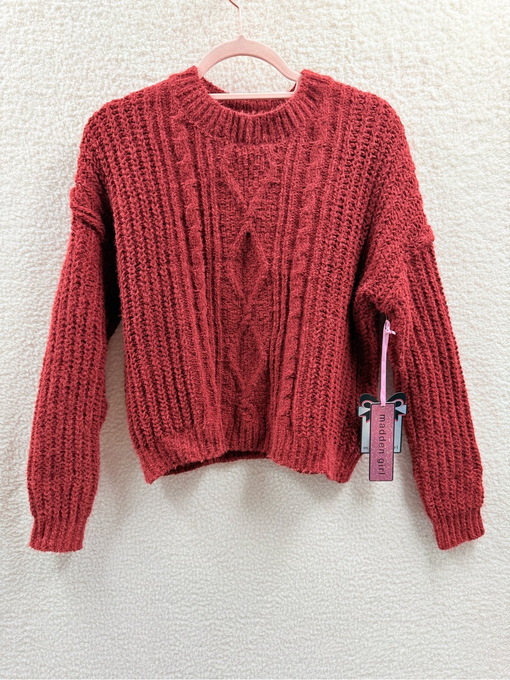 Madden Girl brown Cable-Knit Crewneck Sweater Size L NEW
